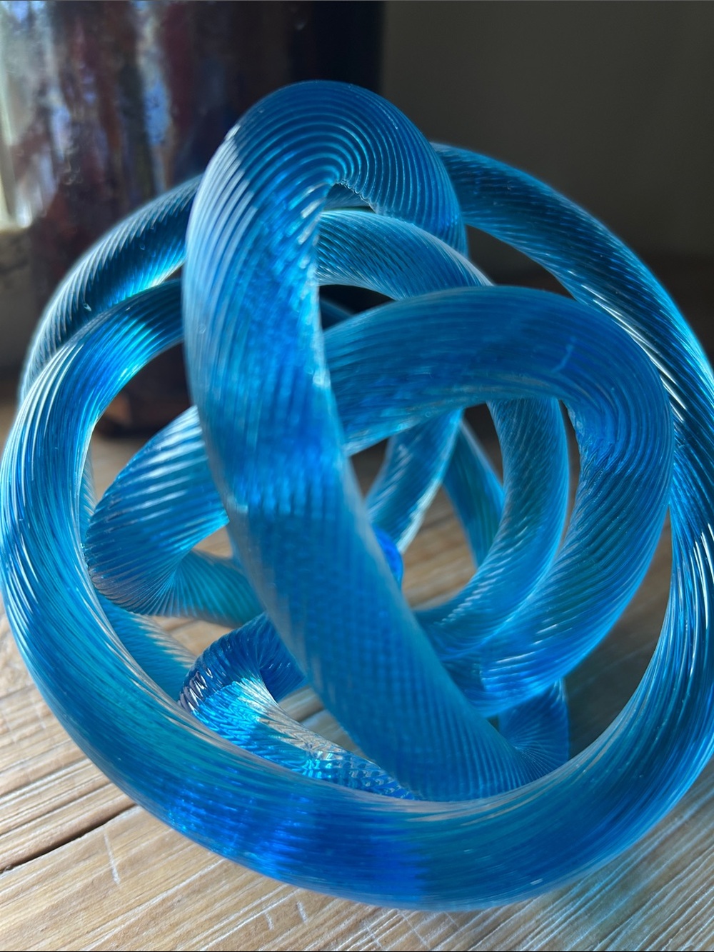 Large Vintage MCM Blue Art Glass Orb Twisted Rope Knot Hand Blown Sculpture. - Picture 10 of 11